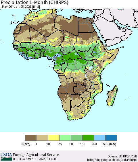 Africa Precipitation 1-Month (CHIRPS) Thematic Map For 5/26/2021 - 6/25/2021