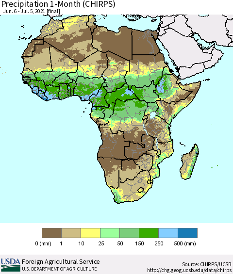Africa Precipitation 1-Month (CHIRPS) Thematic Map For 6/6/2021 - 7/5/2021