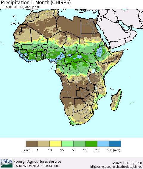 Africa Precipitation 1-Month (CHIRPS) Thematic Map For 6/16/2021 - 7/15/2021
