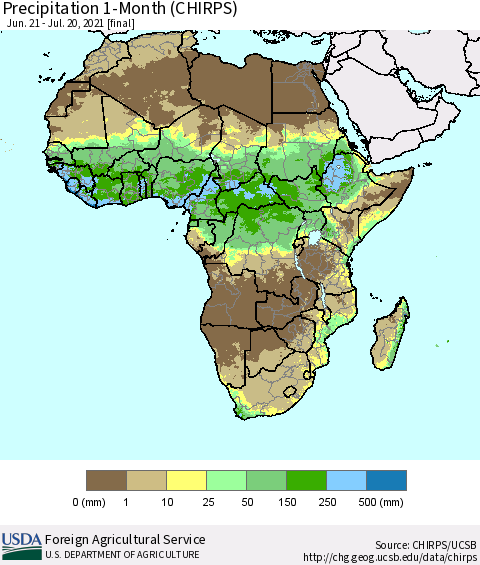 Africa Precipitation 1-Month (CHIRPS) Thematic Map For 6/21/2021 - 7/20/2021