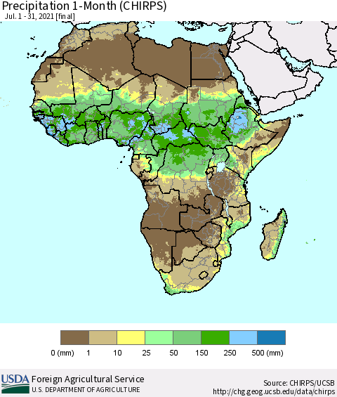 Africa Precipitation 1-Month (CHIRPS) Thematic Map For 7/1/2021 - 7/31/2021