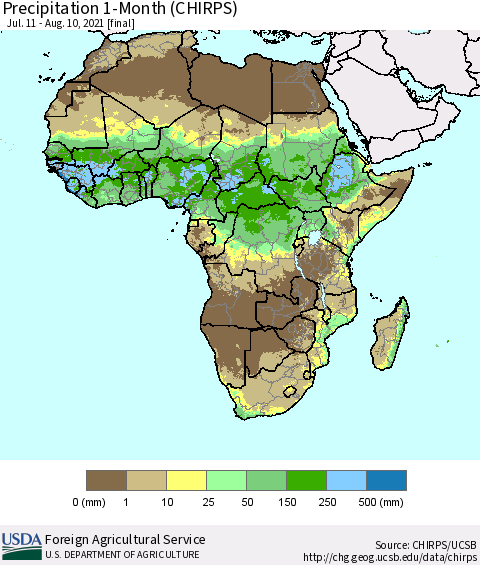 Africa Precipitation 1-Month (CHIRPS) Thematic Map For 7/11/2021 - 8/10/2021