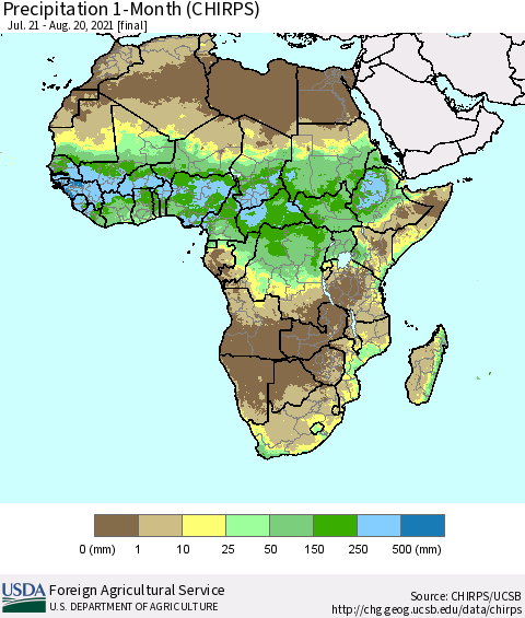Africa Precipitation 1-Month (CHIRPS) Thematic Map For 7/21/2021 - 8/20/2021