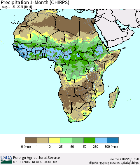Africa Precipitation 1-Month (CHIRPS) Thematic Map For 8/1/2021 - 8/31/2021