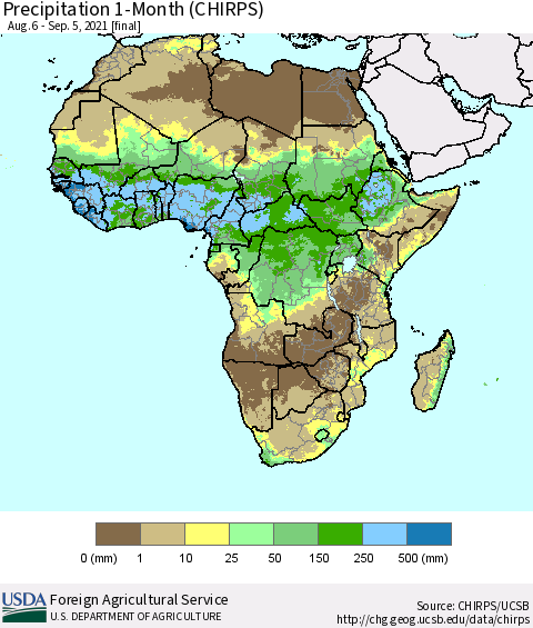 Africa Precipitation 1-Month (CHIRPS) Thematic Map For 8/6/2021 - 9/5/2021
