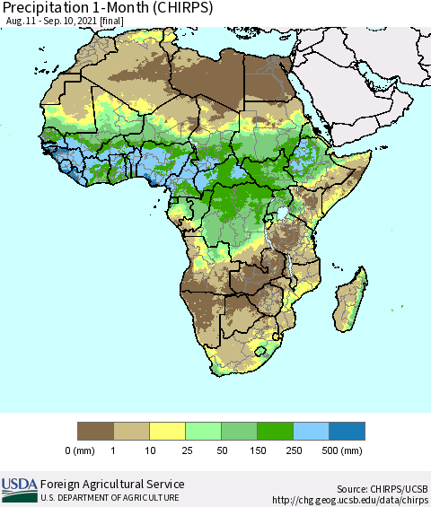 Africa Precipitation 1-Month (CHIRPS) Thematic Map For 8/11/2021 - 9/10/2021