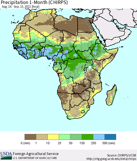 Africa Precipitation 1-Month (CHIRPS) Thematic Map For 8/16/2021 - 9/15/2021