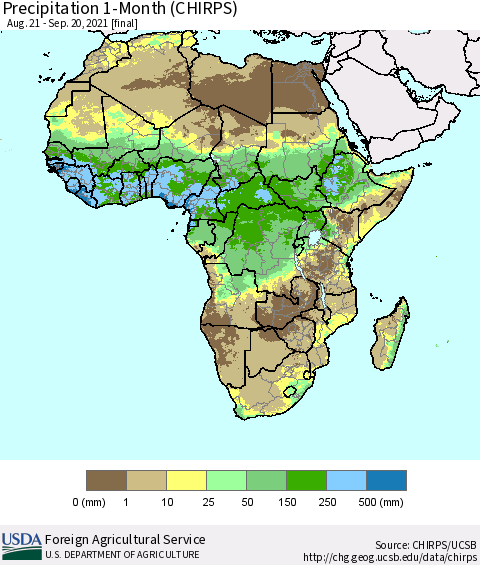 Africa Precipitation 1-Month (CHIRPS) Thematic Map For 8/21/2021 - 9/20/2021