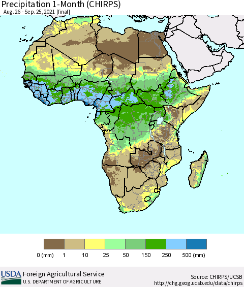 Africa Precipitation 1-Month (CHIRPS) Thematic Map For 8/26/2021 - 9/25/2021