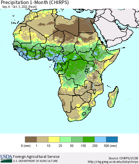 Africa Precipitation 1-Month (CHIRPS) Thematic Map For 9/6/2021 - 10/5/2021