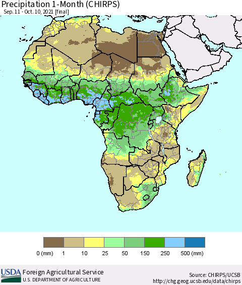 Africa Precipitation 1-Month (CHIRPS) Thematic Map For 9/11/2021 - 10/10/2021