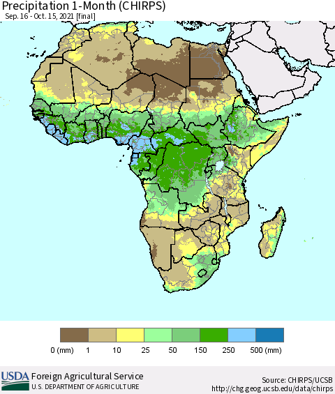 Africa Precipitation 1-Month (CHIRPS) Thematic Map For 9/16/2021 - 10/15/2021