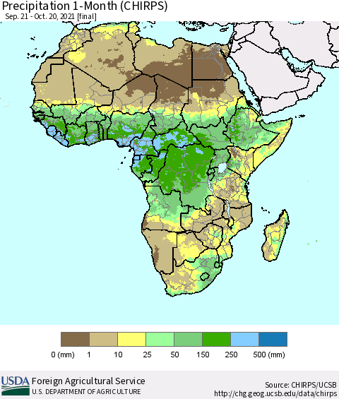 Africa Precipitation 1-Month (CHIRPS) Thematic Map For 9/21/2021 - 10/20/2021