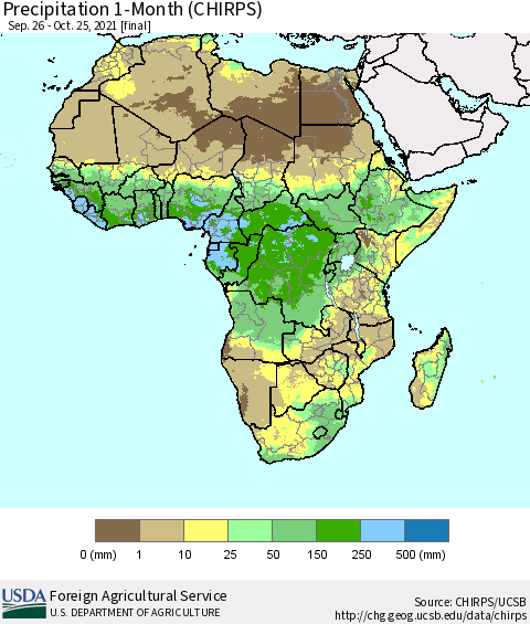 Africa Precipitation 1-Month (CHIRPS) Thematic Map For 9/26/2021 - 10/25/2021