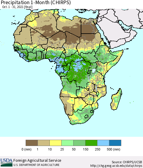 Africa Precipitation 1-Month (CHIRPS) Thematic Map For 10/1/2021 - 10/31/2021