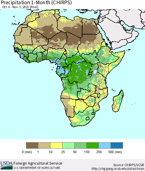 Africa Precipitation 1-Month (CHIRPS) Thematic Map For 10/6/2021 - 11/5/2021