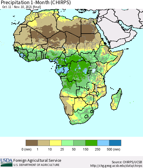 Africa Precipitation 1-Month (CHIRPS) Thematic Map For 10/11/2021 - 11/10/2021