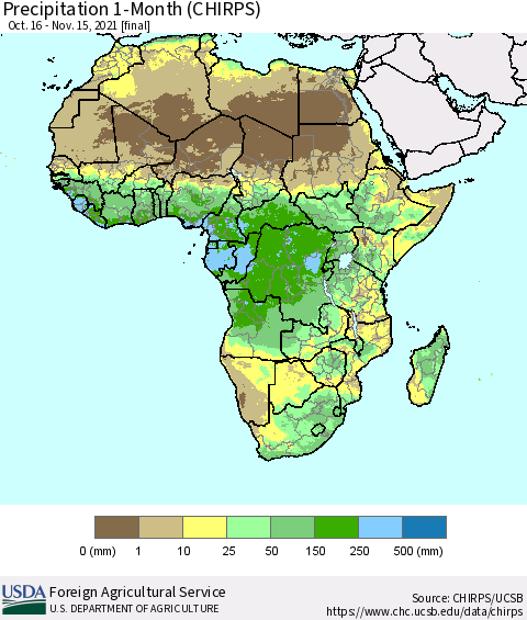 Africa Precipitation 1-Month (CHIRPS) Thematic Map For 10/16/2021 - 11/15/2021