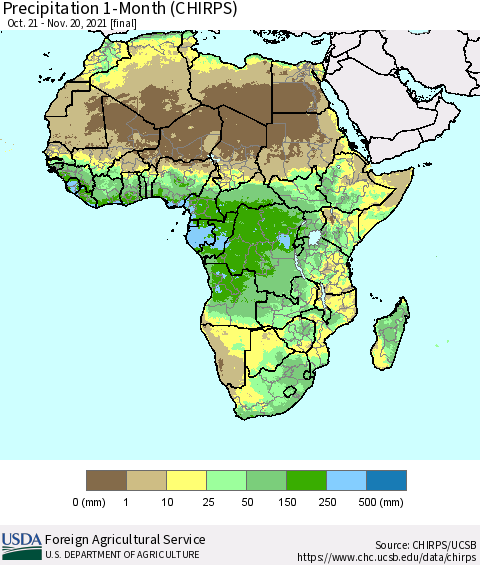 Africa Precipitation 1-Month (CHIRPS) Thematic Map For 10/21/2021 - 11/20/2021