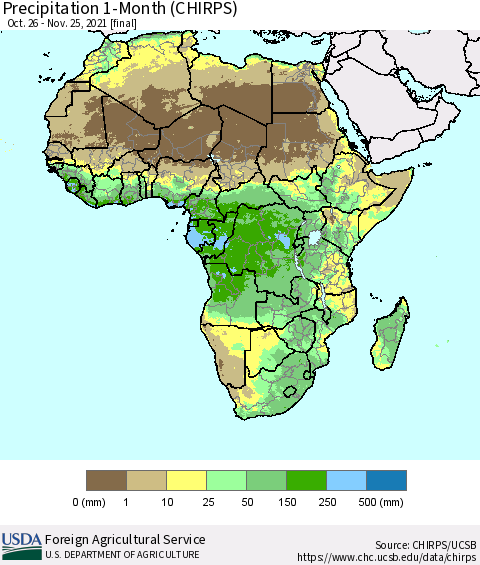 Africa Precipitation 1-Month (CHIRPS) Thematic Map For 10/26/2021 - 11/25/2021