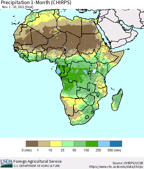 Africa Precipitation 1-Month (CHIRPS) Thematic Map For 11/1/2021 - 11/30/2021
