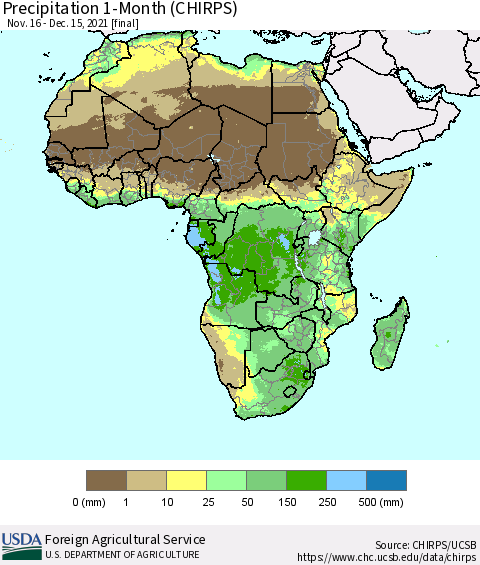 Africa Precipitation 1-Month (CHIRPS) Thematic Map For 11/16/2021 - 12/15/2021