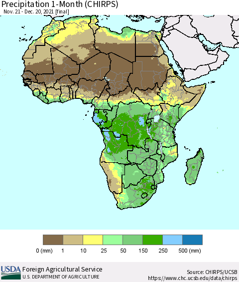 Africa Precipitation 1-Month (CHIRPS) Thematic Map For 11/21/2021 - 12/20/2021
