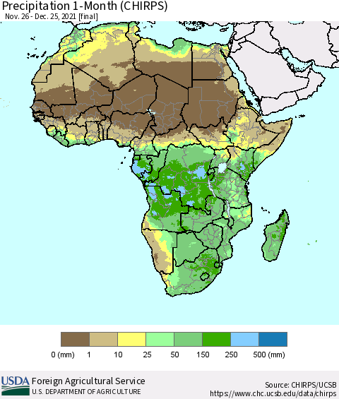 Africa Precipitation 1-Month (CHIRPS) Thematic Map For 11/26/2021 - 12/25/2021
