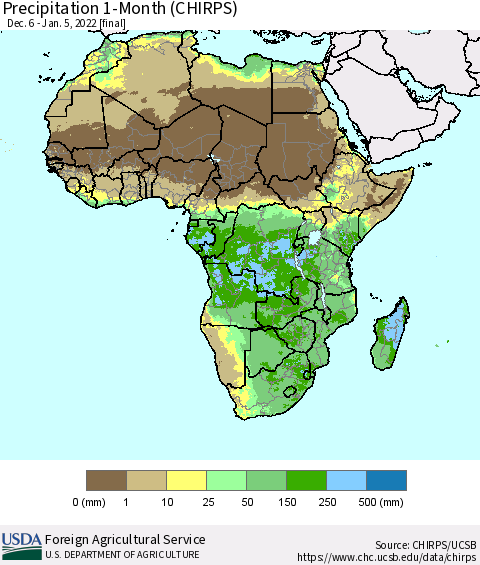 Africa Precipitation 1-Month (CHIRPS) Thematic Map For 12/6/2021 - 1/5/2022