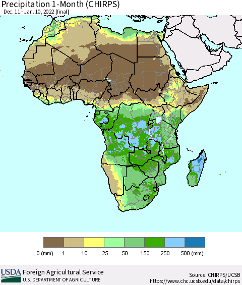 Africa Precipitation 1-Month (CHIRPS) Thematic Map For 12/11/2021 - 1/10/2022