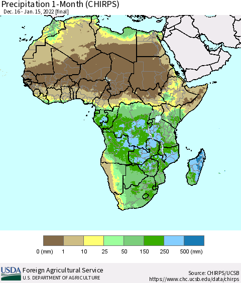 Africa Precipitation 1-Month (CHIRPS) Thematic Map For 12/16/2021 - 1/15/2022