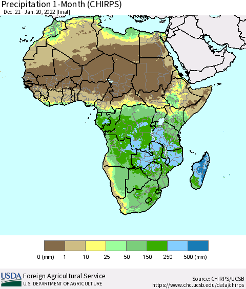 Africa Precipitation 1-Month (CHIRPS) Thematic Map For 12/21/2021 - 1/20/2022