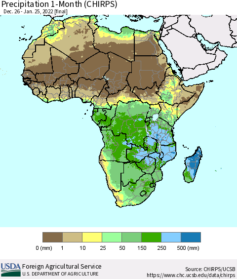 Africa Precipitation 1-Month (CHIRPS) Thematic Map For 12/26/2021 - 1/25/2022