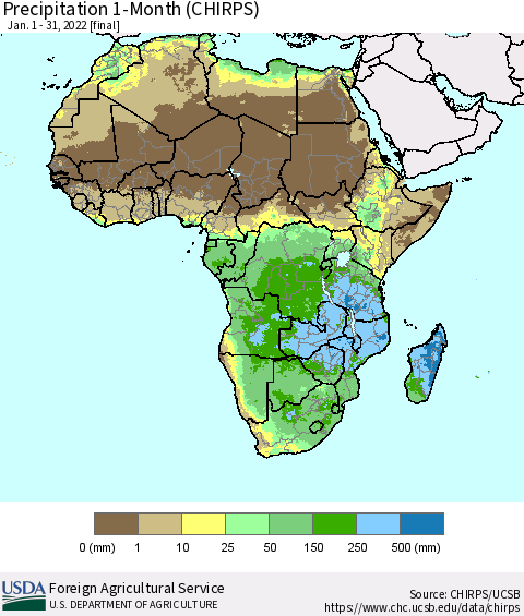 Africa Precipitation 1-Month (CHIRPS) Thematic Map For 1/1/2022 - 1/31/2022
