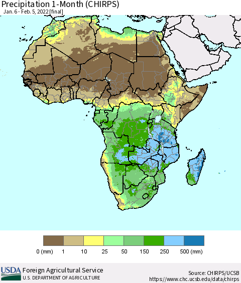 Africa Precipitation 1-Month (CHIRPS) Thematic Map For 1/6/2022 - 2/5/2022