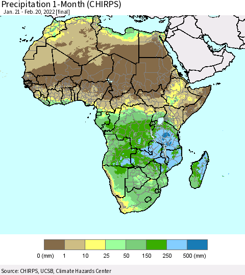 Africa Precipitation 1-Month (CHIRPS) Thematic Map For 1/21/2022 - 2/20/2022