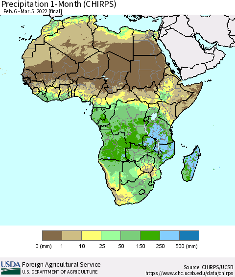 Africa Precipitation 1-Month (CHIRPS) Thematic Map For 2/6/2022 - 3/5/2022
