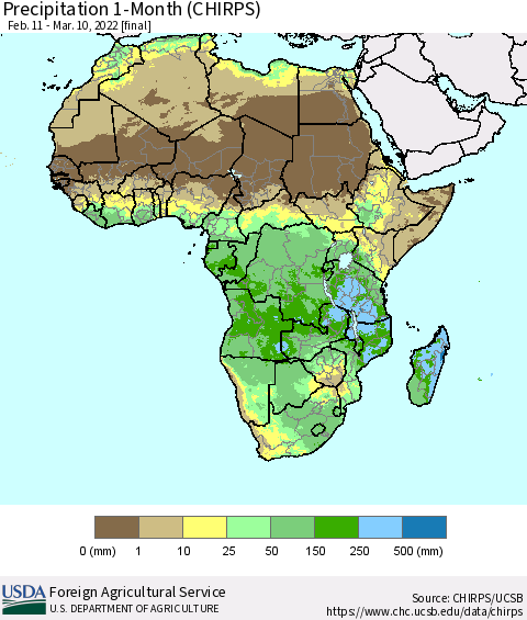 Africa Precipitation 1-Month (CHIRPS) Thematic Map For 2/11/2022 - 3/10/2022