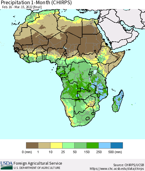 Africa Precipitation 1-Month (CHIRPS) Thematic Map For 2/16/2022 - 3/15/2022