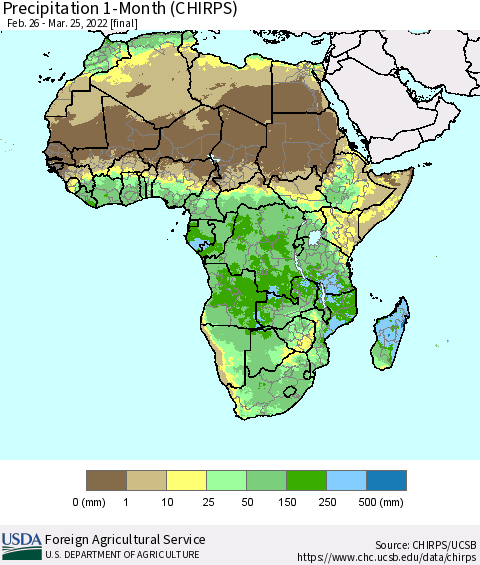 Africa Precipitation 1-Month (CHIRPS) Thematic Map For 2/26/2022 - 3/25/2022