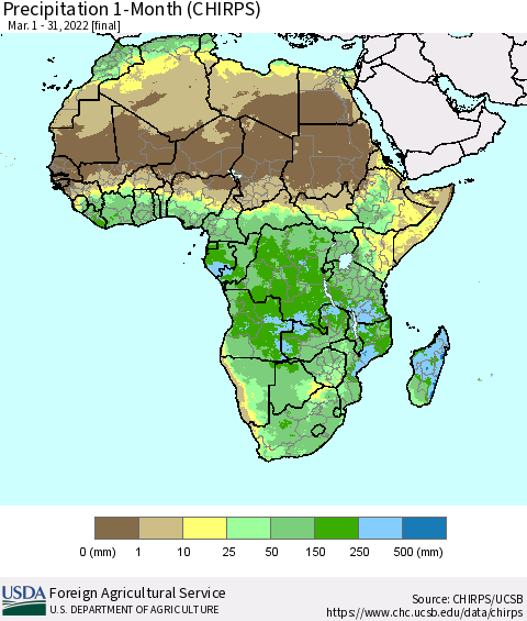 Africa Precipitation 1-Month (CHIRPS) Thematic Map For 3/1/2022 - 3/31/2022