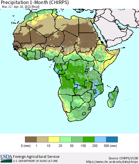 Africa Precipitation 1-Month (CHIRPS) Thematic Map For 3/11/2022 - 4/10/2022