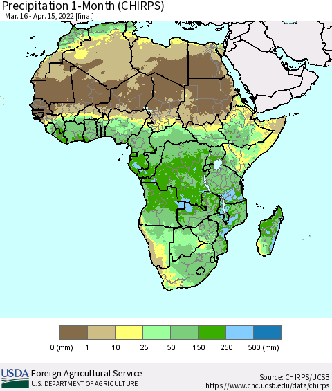 Africa Precipitation 1-Month (CHIRPS) Thematic Map For 3/16/2022 - 4/15/2022