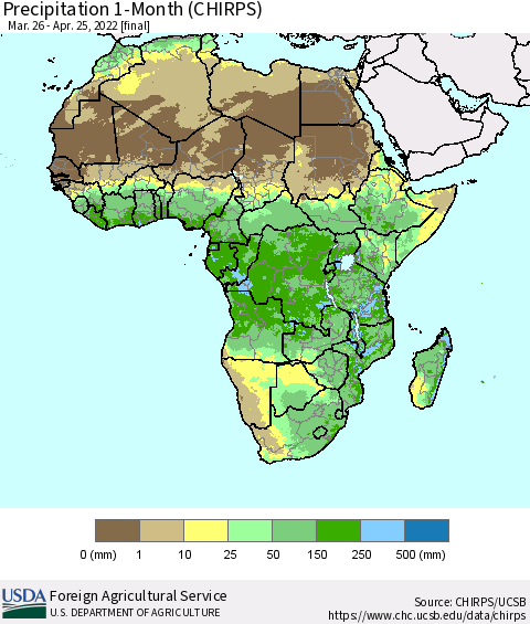 Africa Precipitation 1-Month (CHIRPS) Thematic Map For 3/26/2022 - 4/25/2022