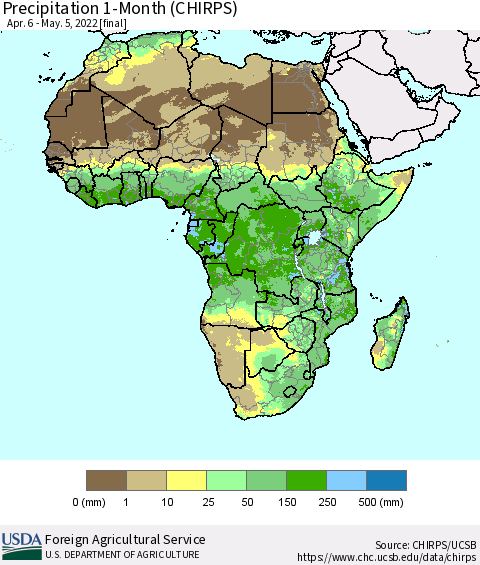Africa Precipitation 1-Month (CHIRPS) Thematic Map For 4/6/2022 - 5/5/2022
