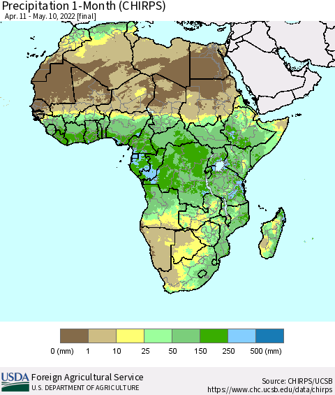 Africa Precipitation 1-Month (CHIRPS) Thematic Map For 4/11/2022 - 5/10/2022