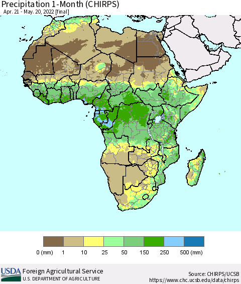 Africa Precipitation 1-Month (CHIRPS) Thematic Map For 4/21/2022 - 5/20/2022