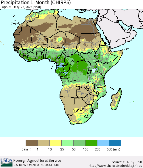 Africa Precipitation 1-Month (CHIRPS) Thematic Map For 4/26/2022 - 5/25/2022