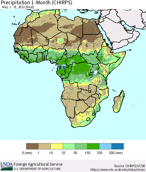 Africa Precipitation 1-Month (CHIRPS) Thematic Map For 5/1/2022 - 5/31/2022