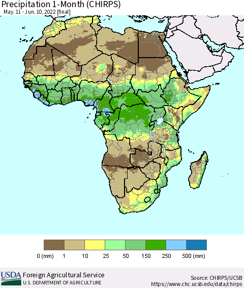 Africa Precipitation 1-Month (CHIRPS) Thematic Map For 5/11/2022 - 6/10/2022